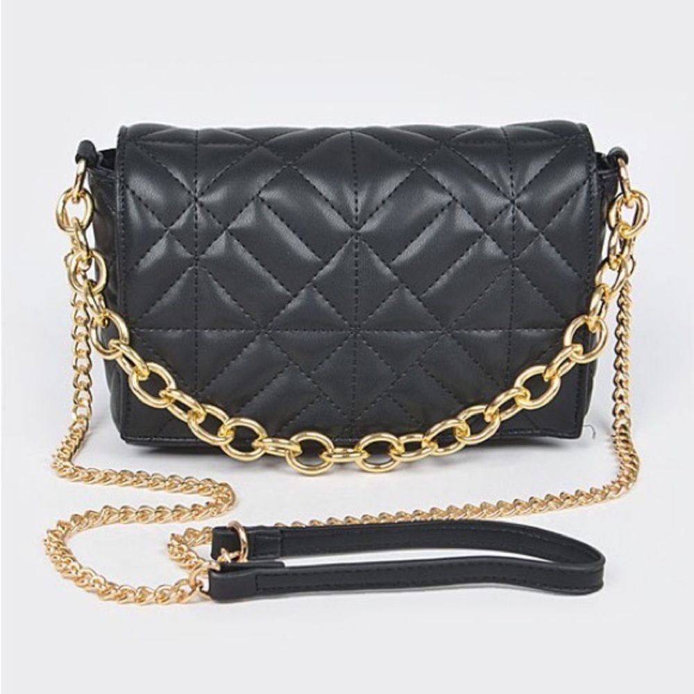 Black Quilted Faux Leather Chain Flap Bag